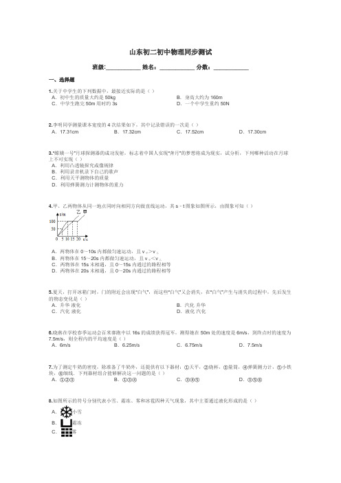 山东初二初中物理同步测试带答案解析
