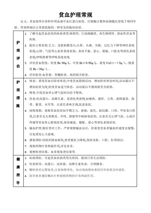 贫血护理常规【可编辑范本】