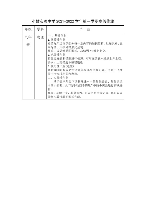 九年级物理寒假作业