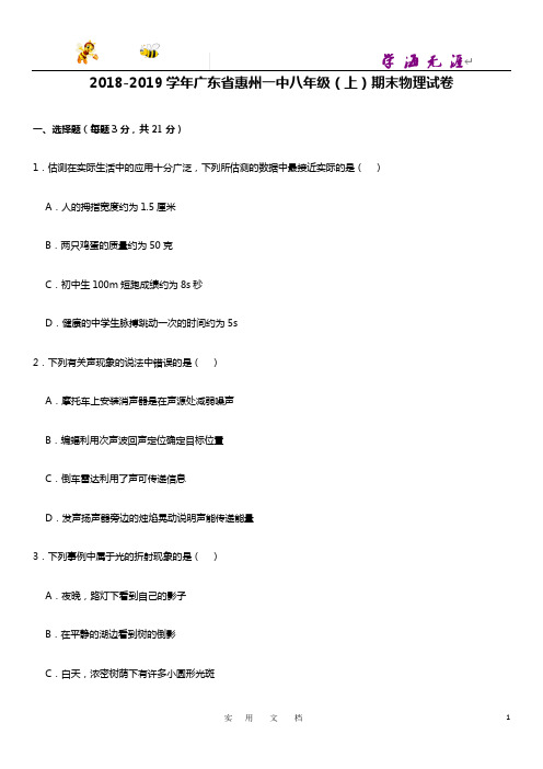 2018-2019学年广东省惠州一中八年级(上)期末物理试卷   含解析