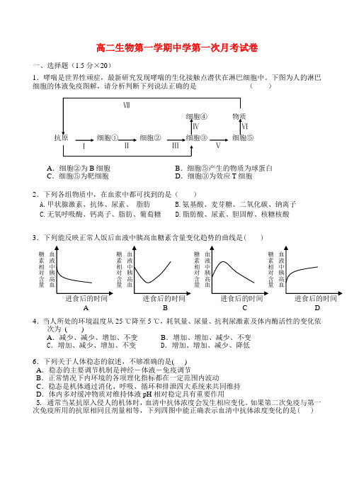高二生物第一学期中学第一次月考试卷新人教版必修