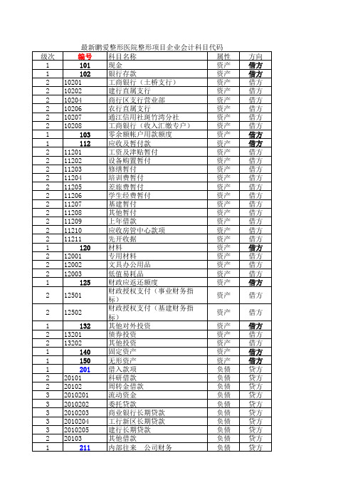最新鹏爱整形医院整形项目企业会计科目代码