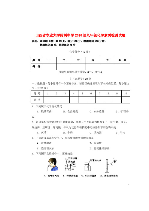 山西省农业大学附属中学2016届九年级化学素质检测试题
