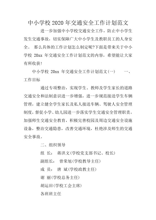 中小学校2020年交通安全工作计划范文