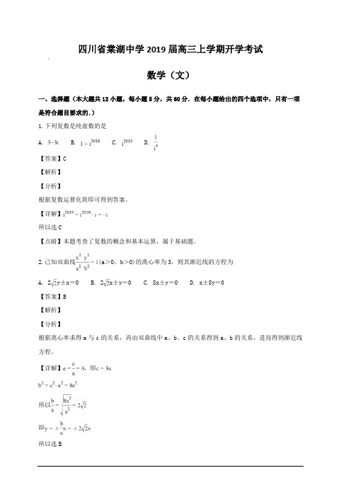 四川省棠湖中学2019届高三上学期开学考试 数学(文)(含解析)