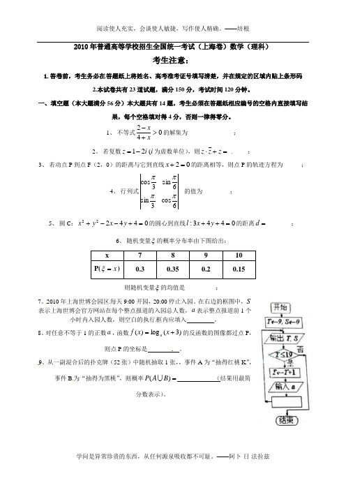 2010年上海高考数学试题及答案