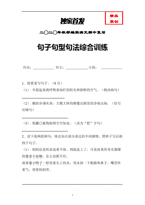 统编语文五年级上册句子句型句法综合训练含答案 (精品)