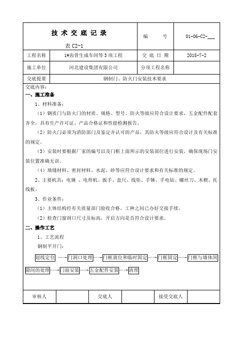 钢质门、防火门安装技术交底02