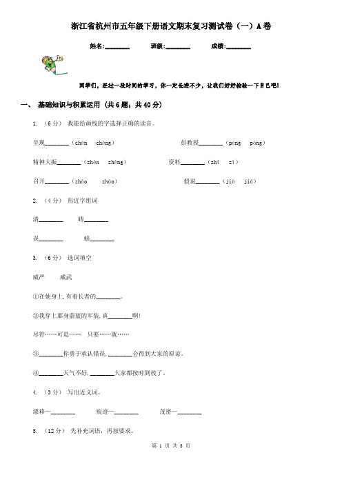 浙江省杭州市五年级下册语文期末复习测试卷(一)A卷