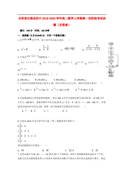 吉林省汪清县四中2019-2020学年高二数学上学期第一次阶段考试试题无答案