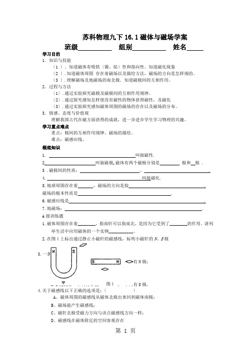 苏科版九年级物理下册学案 16.1磁体与磁场