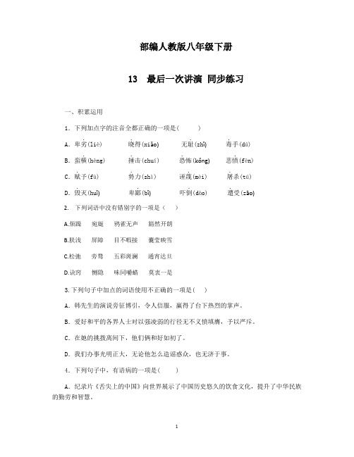 人教部编版八年级下册第13课《最后一次讲演》同步练习