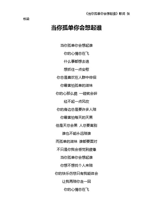 《当你孤单你会想起谁》歌词 张栋梁