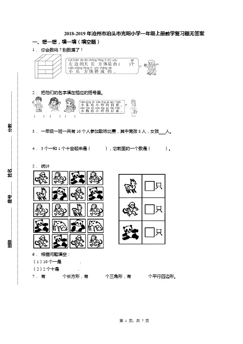 2018-2019年沧州市泊头市光明小学一年级上册数学复习题无答案
