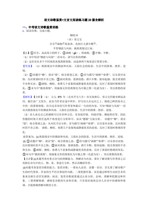 语文诗歌鉴赏+文言文阅读练习题20篇含解析