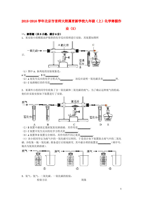 北京市首师大附属育新学校2016届九年级化学上学期寒假作业(5)(含解析) 新人教版