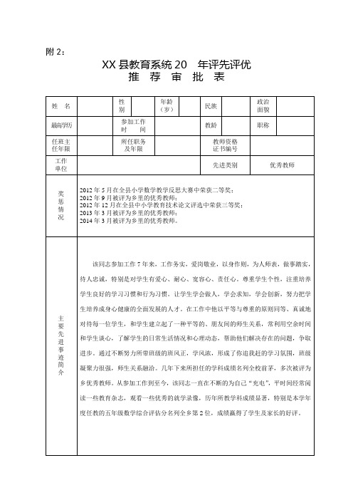 优秀教师推荐审批表