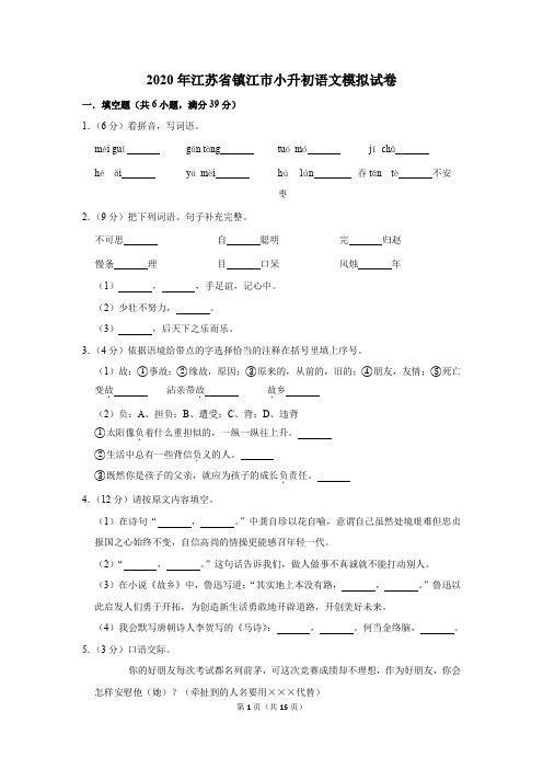 2020年江苏省镇江市小升初语文模拟试卷及答案解析