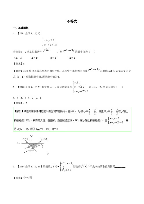 2018年全国卷文科数学十年真题分类汇编 不等式