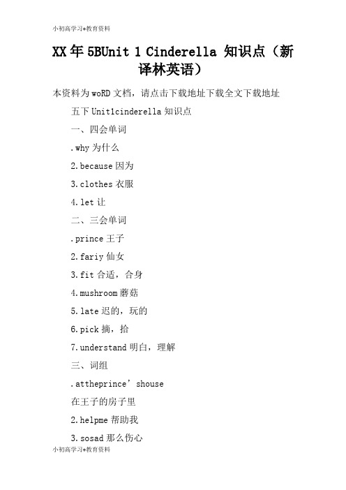 [小初高学习]XX年5BUnit 1 Cinderella 知识学习总结要点(新译林英语)