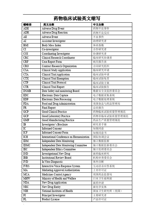 药物临床试验英文词汇及缩写