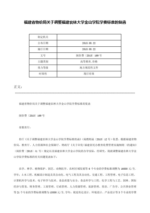 福建省物价局关于调整福建农林大学金山学院学费标准的复函-闽价费〔2015〕169号