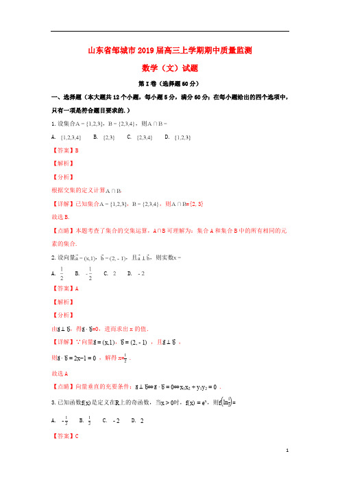 山东省邹城市2019届高三数学上学期期中质量监测试卷文(含解析)