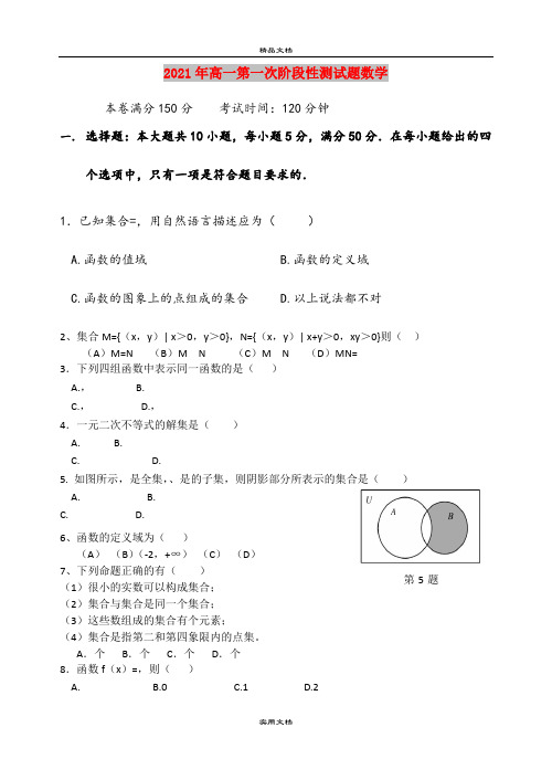 2021年高一第一次阶段性测试题数学