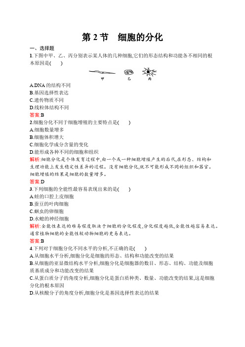 生物人教版必修1练习：6.2 细胞的分化 word版含解析
