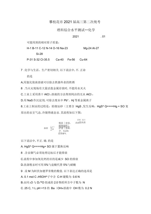 2019届高三化学第二次统考试卷(带答案四川攀枝花市)