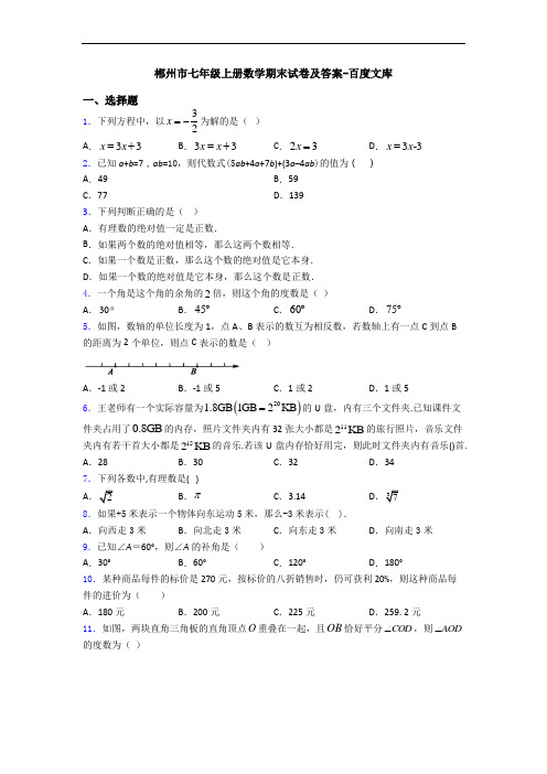 郴州市七年级上册数学期末试卷及答案-百度文库