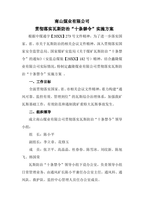 公司治理-瓦斯十项治理实施方案 精品