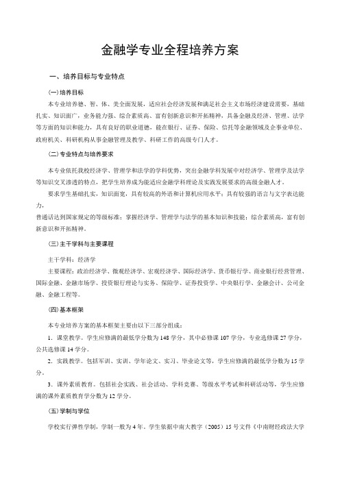 金融学专业全程培养方案