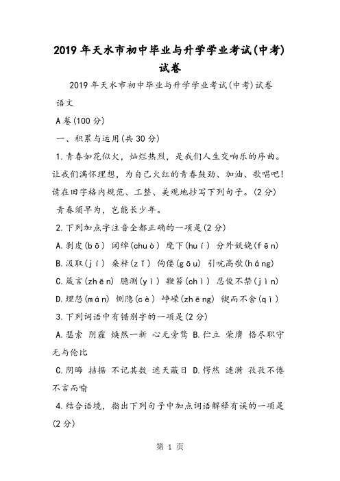 天水市初中毕业与升学学业考试(中考)试卷-word文档资料