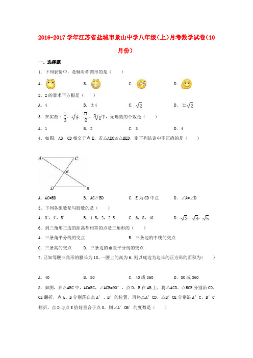 八年级数学上学期10月月考试卷(含解析)苏科版