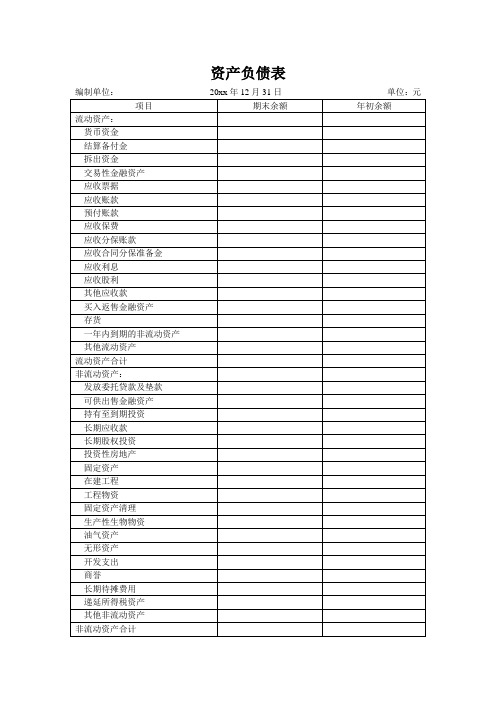 上市公司最新资产负债表空白模板