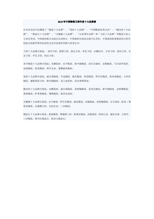 2013年中国陶瓷卫浴年度十大品牌榜