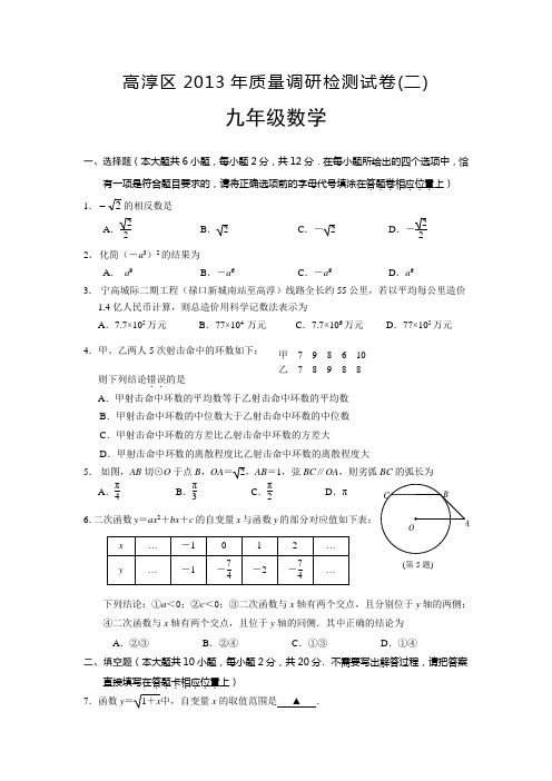 2013年南京市高淳区中考二模数学试题及答案
