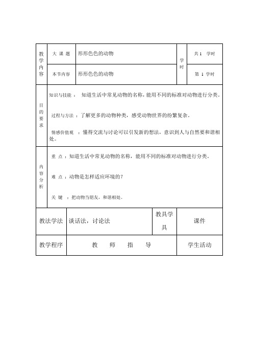 一年级下册科学教案-10《形形色色的动物》苏教版 
