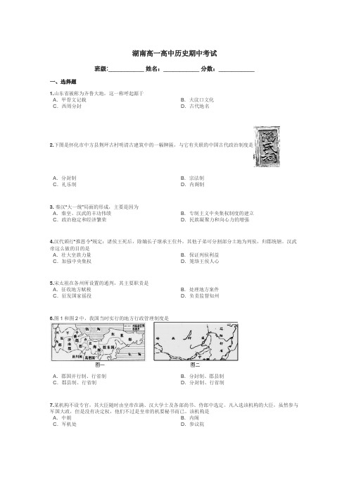湖南高一高中历史期中考试带答案解析
