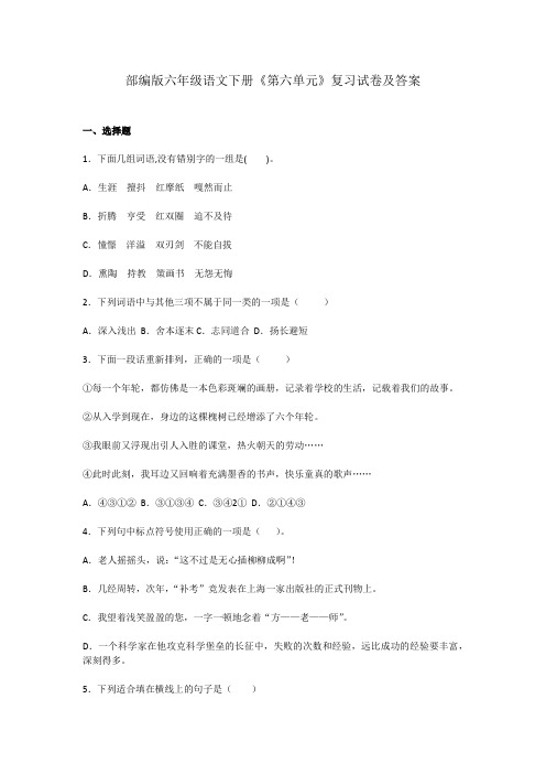部编版六年级语文下册《第六单元》复习试卷及答案 (2)