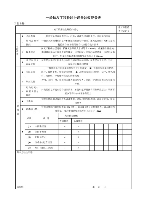 一般抹灰工程检验批质量验收记录表