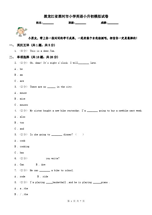 黑龙江省黑河市小学英语小升初模拟试卷