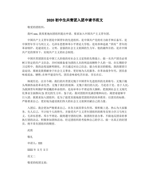 2020初中生共青团入团申请书范文