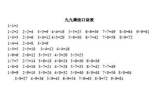 九九乘法口诀表(打印版)全