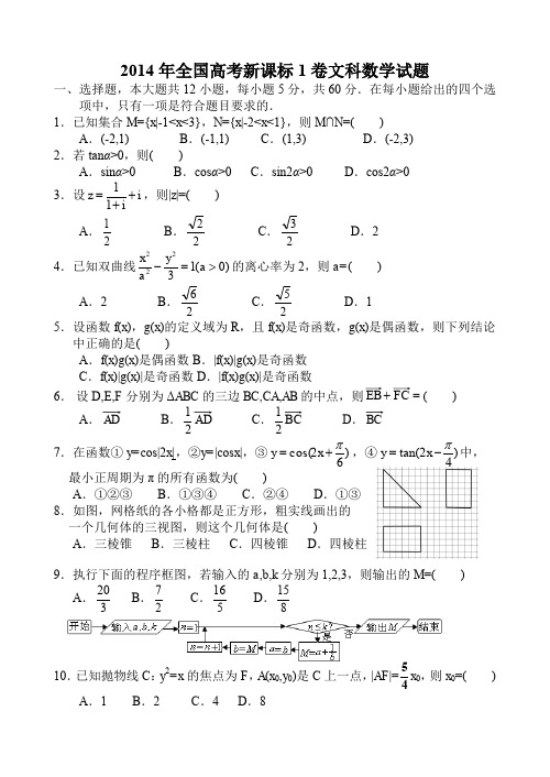 2014年全国高考新课标1卷文科数学试题(word文档完整版小题也有详解)