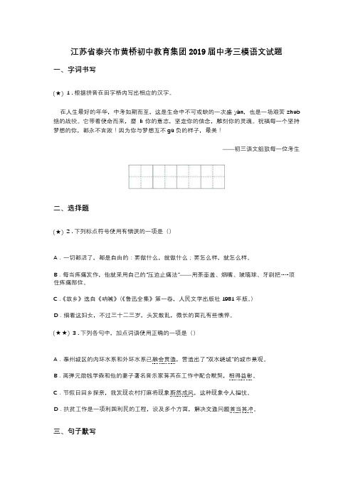 江苏省泰兴市黄桥初中教育集团2019届中考三模语文试题