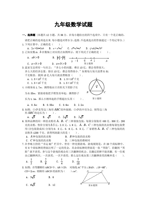 2015中考九年级数学检测试卷(有答案)