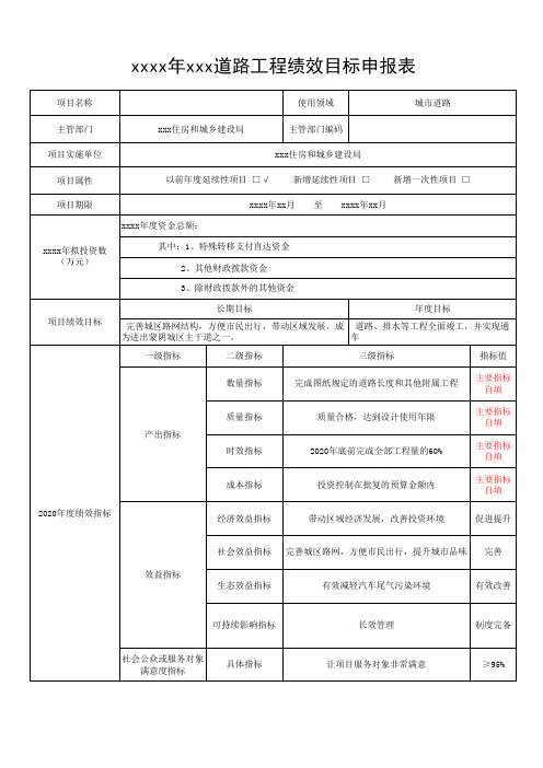 xxxx年市政道路工程绩效目标表——参考模板