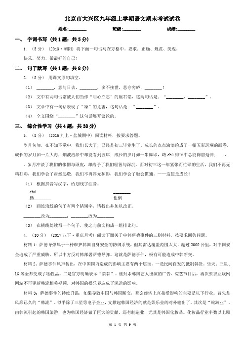 北京市大兴区九年级上学期语文期末考试试卷